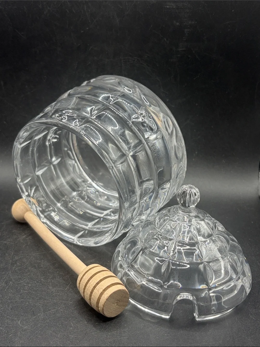 Crystal Beehive Honey Jar with Wooden Honey Dipper, Lidded Cottagecore Bee Jar